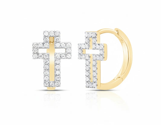 Dainty gold cross huggie earrings with ethically sourced diamonds