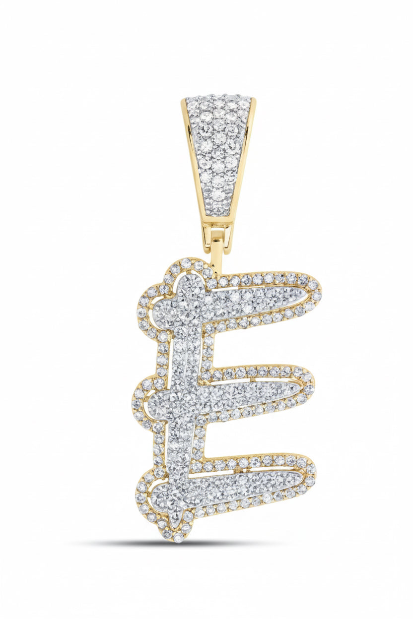 Gold and diamond letter 'E' pendant on a white background