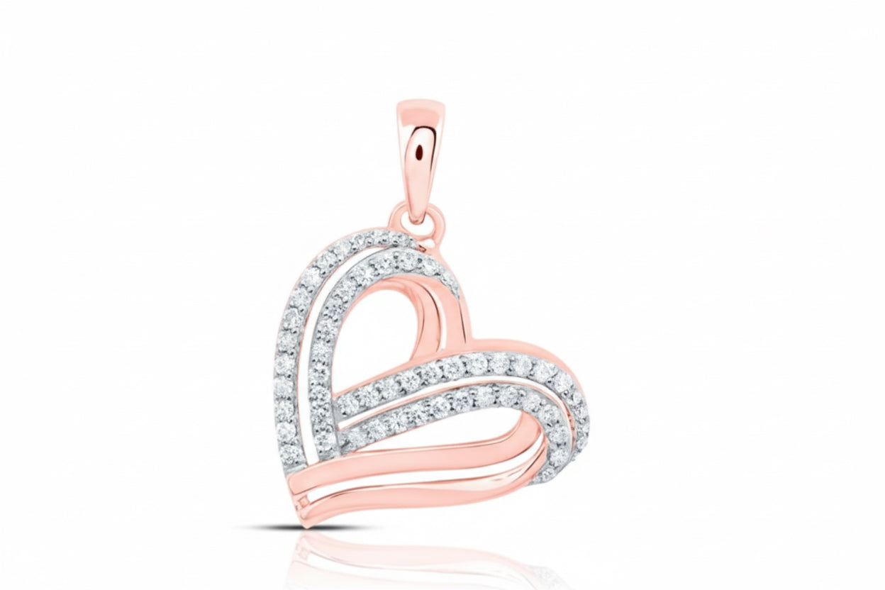 Rose gold heart-shaped pendant with clear stones on a white background