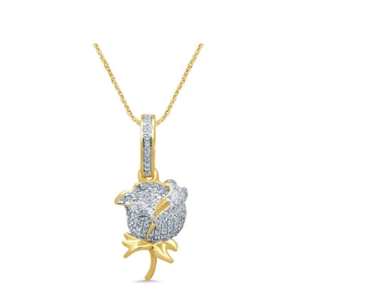 10K yellow gold rose charm necklace with diamond accents on 18-inch chain