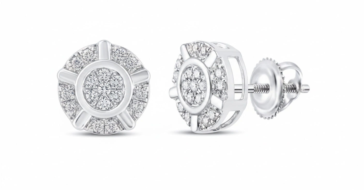 Pair of silver earrings with diamond accents on a white background
