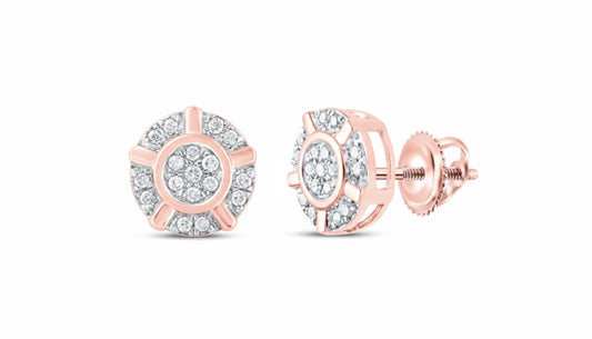 Rose gold earrings with clear gemstones on a white background