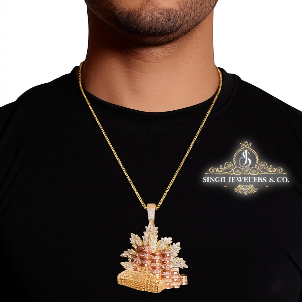 10K yellow gold pendant with dollar bill and penny design, 0.63 CTTW diamonds