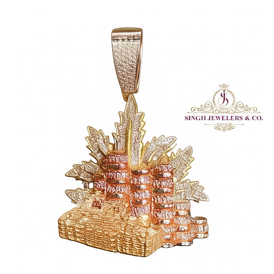10K yellow gold pendant with dollar bill and penny design, 0.63 CTTW diamonds