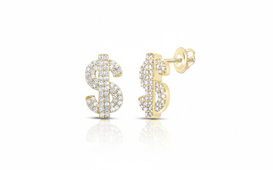 Gold dollar sign earrings with diamond gemstones on a white background