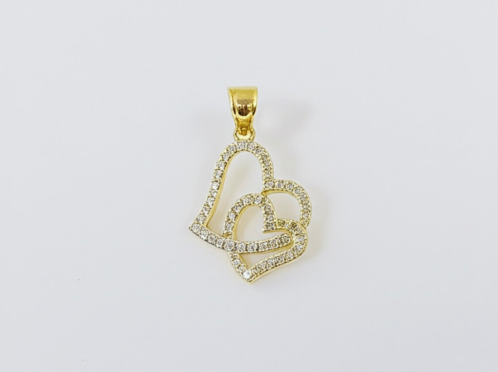 10k yellow gold Forever double hearts pendant with CZ stones