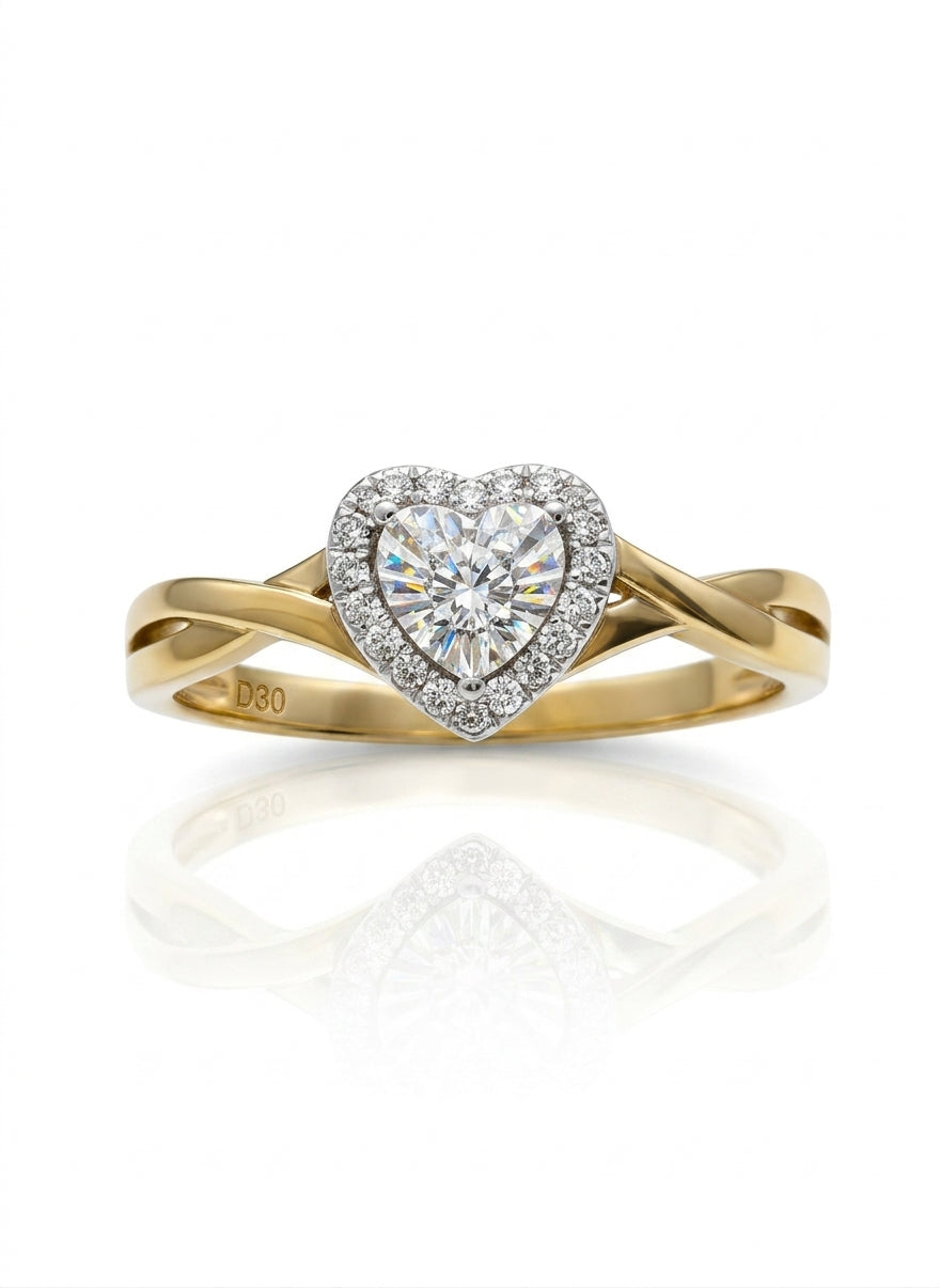 Close up of heart shaped diamond ring with diamonds