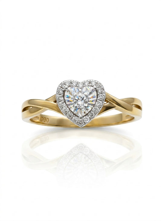 Close up of heart shaped diamond ring with diamonds