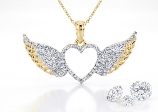 10K gold heart with wings diamond pendant for women