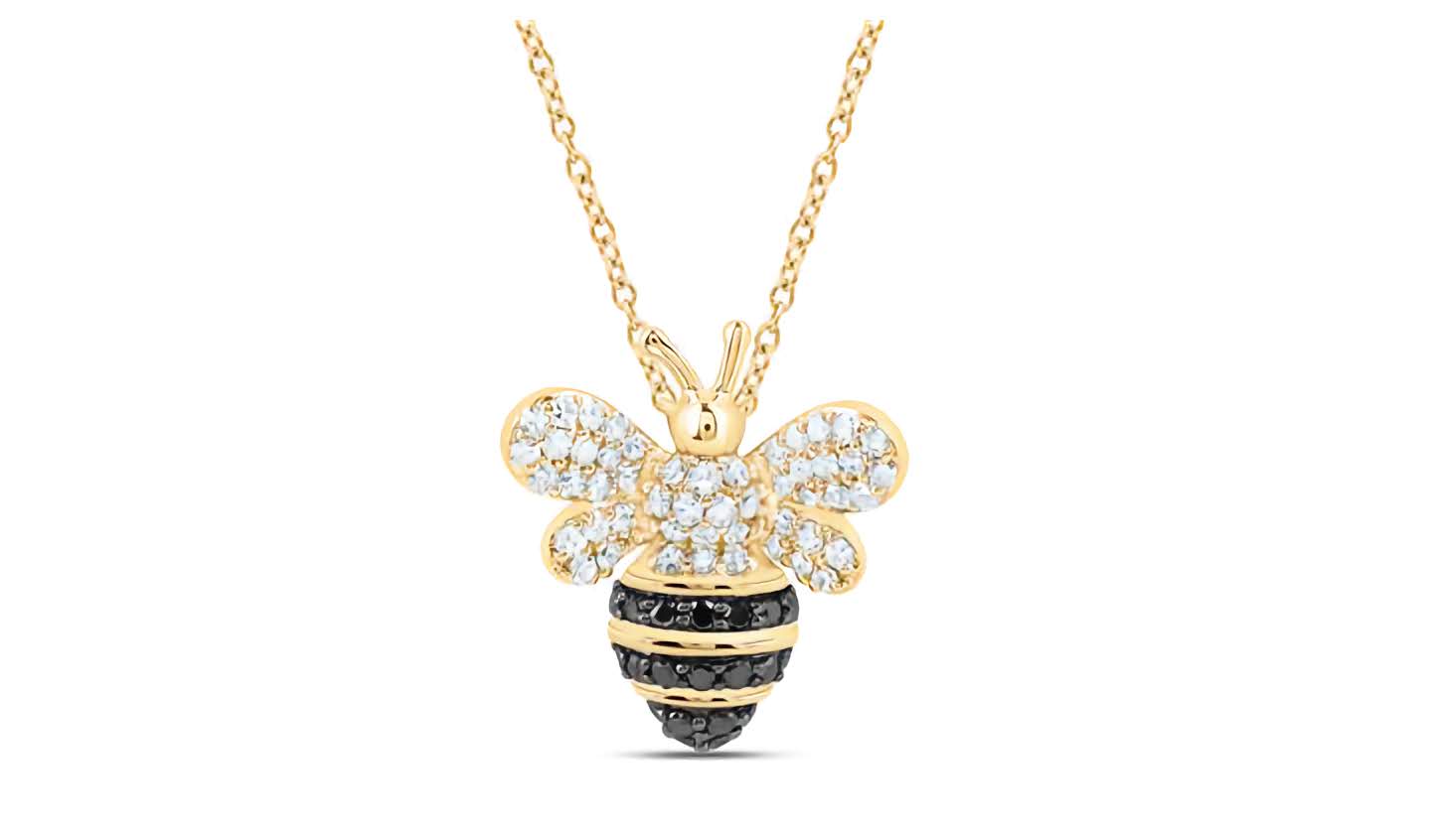 10k gold honey bee charm necklace with black and white diamonds