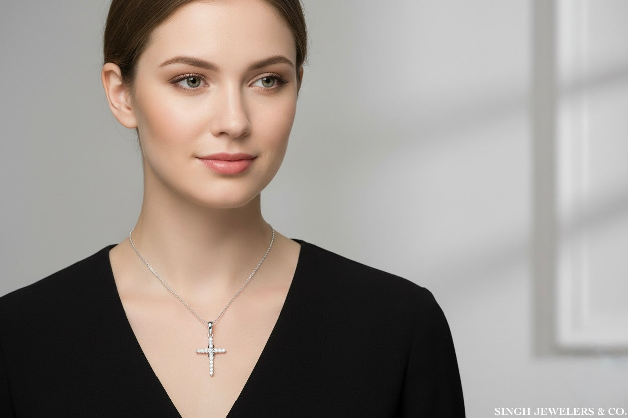Woman wearing a silver cross necklace against a neutral background