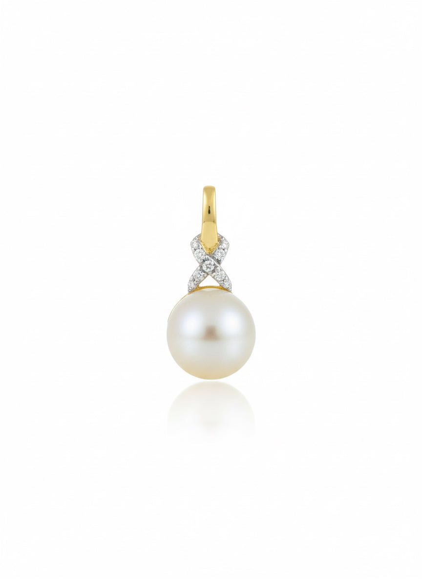 10k yellow gold infinity necklace front view with pearl and diamonds