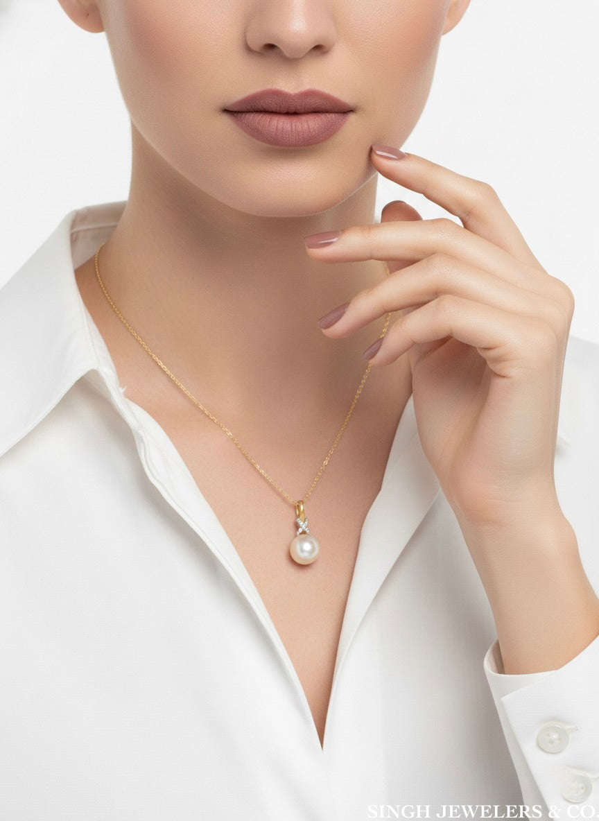 10k gold infinity necklace worn on model 18 inch chain with pearl and diamond