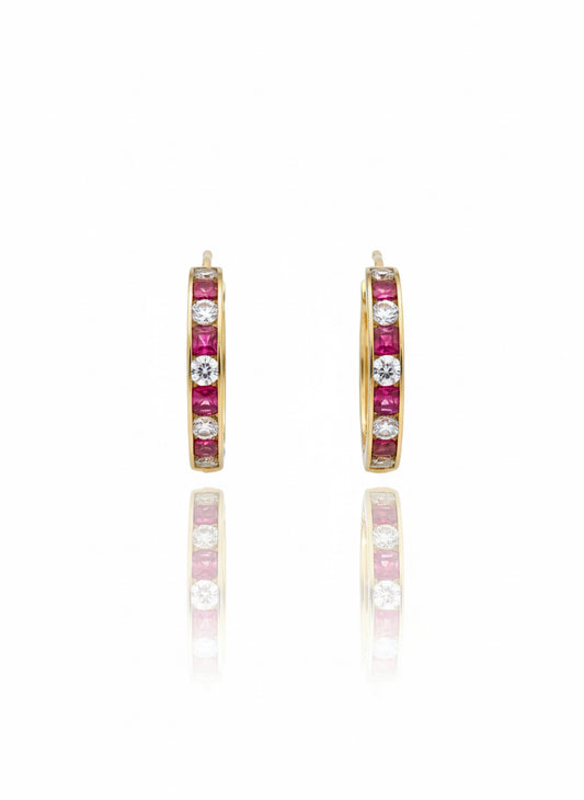 10K gold huggie earrings with lab grown rubies and white sapphires featuring Versace-inspired back design