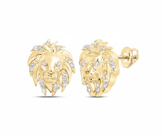 10K gold lion face diamond studs, 1/12 CT
