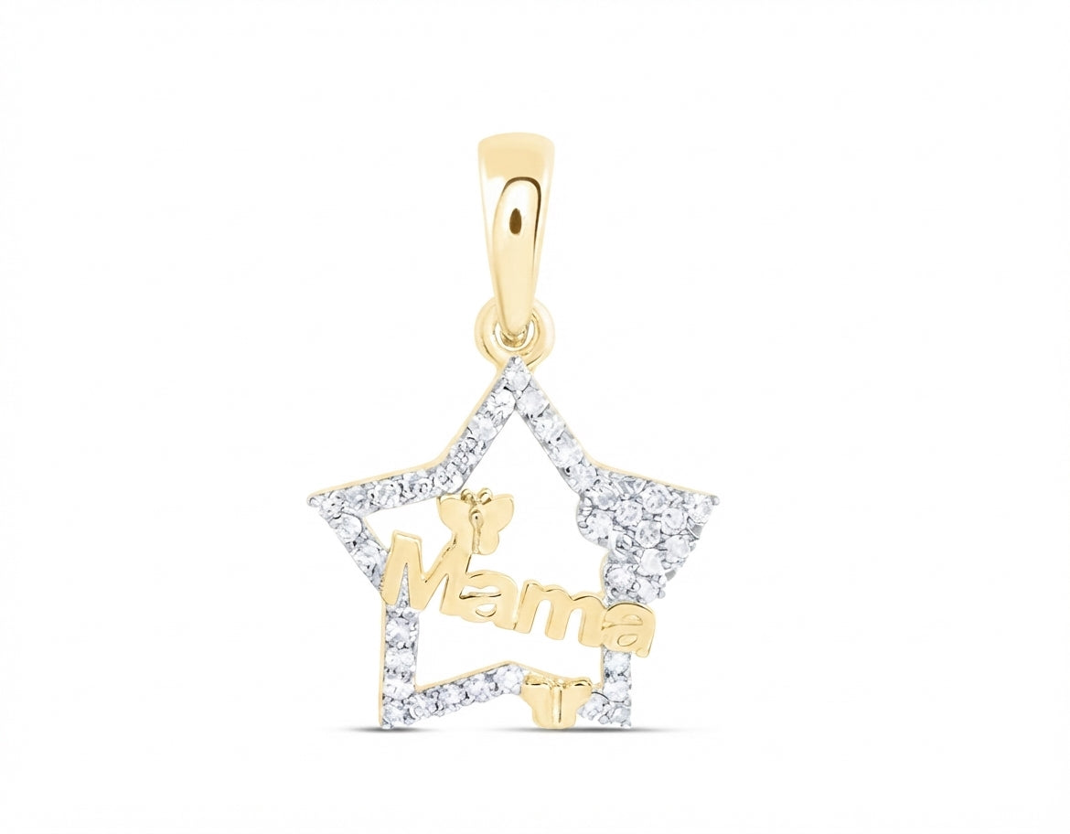 A gold star-shaped pendant with a bail, featuring a pavé diamond border and the word 'Mama' in gold script, on a plain white background.