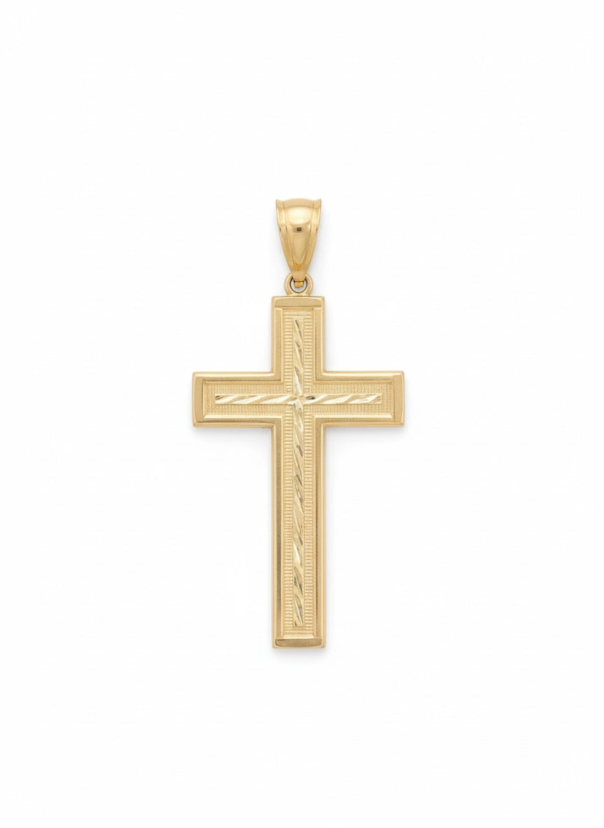 10K yellow gold men's diamond cut cross pendant, 2 inches tall