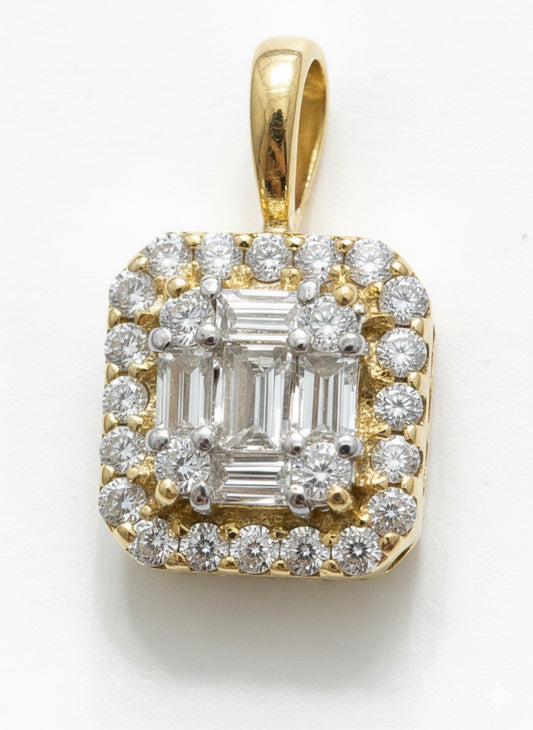 10K yellow gold mini pendant with baguette and round diamonds, includes 18-inch twisted chain – image enlarged for detail