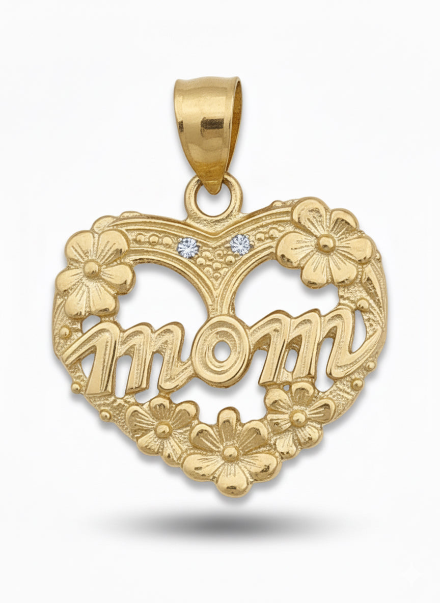 Close-up of 10K gold Mom charm with sparkling cubic zirconias