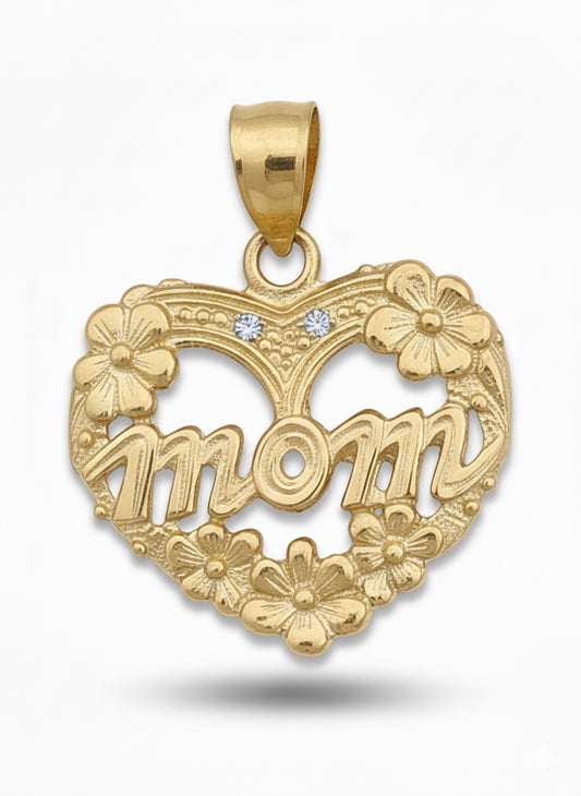 Close-up of 10K gold Mom charm with sparkling cubic zirconias