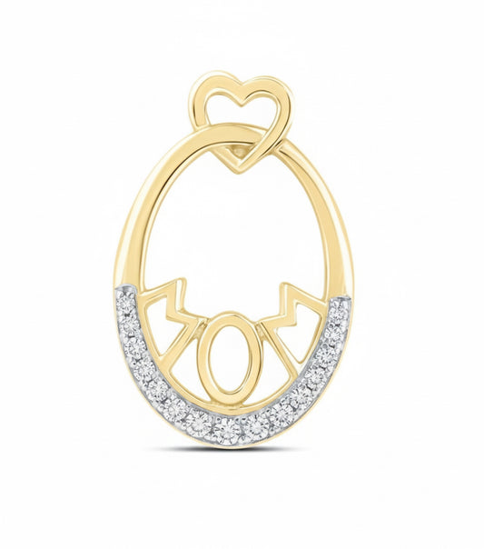 Gold pendant with 'MOM' engraving and heart design on a white background