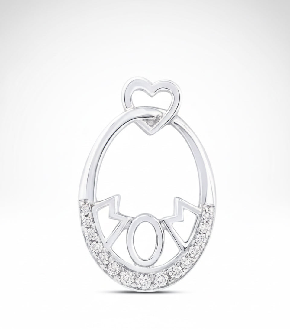 Silver pendant with 'mom' and heart design on a white background