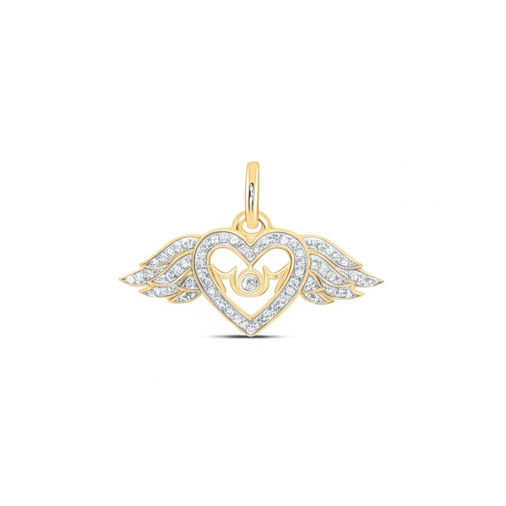 10k gold 'MOM' wings and heart charm with 1/6 CT sparkling diamond