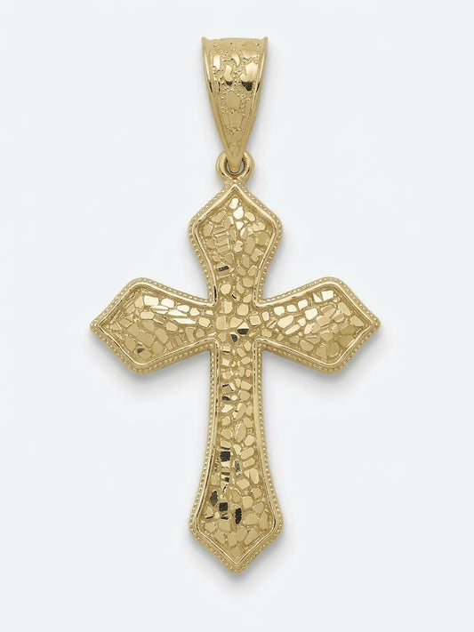 10K yellow gold nugget cross pendant with beaded diamond-cut border