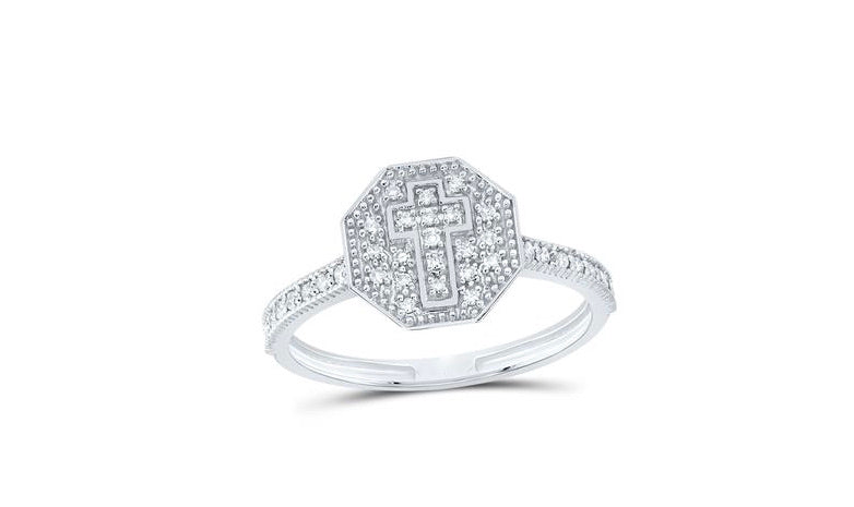 10K gold octagon cross ring with 1/6 Cttw round diamonds, elegant faith-inspired jewelry for women
