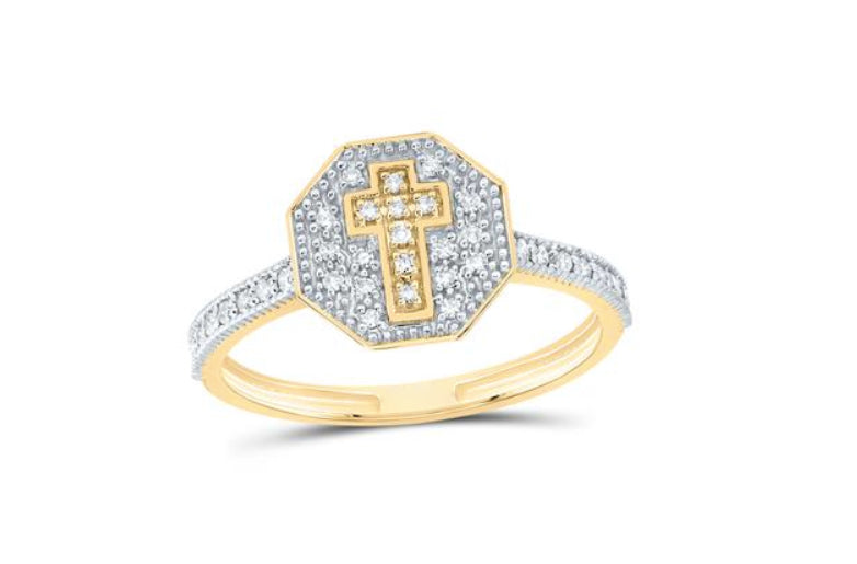 10K gold octagon cross ring with 1/6 Cttw round diamonds, elegant faith-inspired jewelry for women

