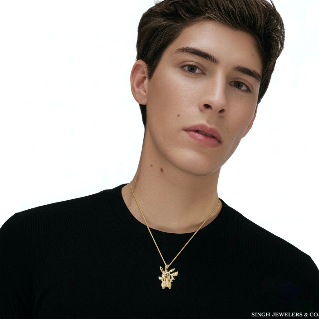 Man wearing a gold necklace with a star pendant on a white background
