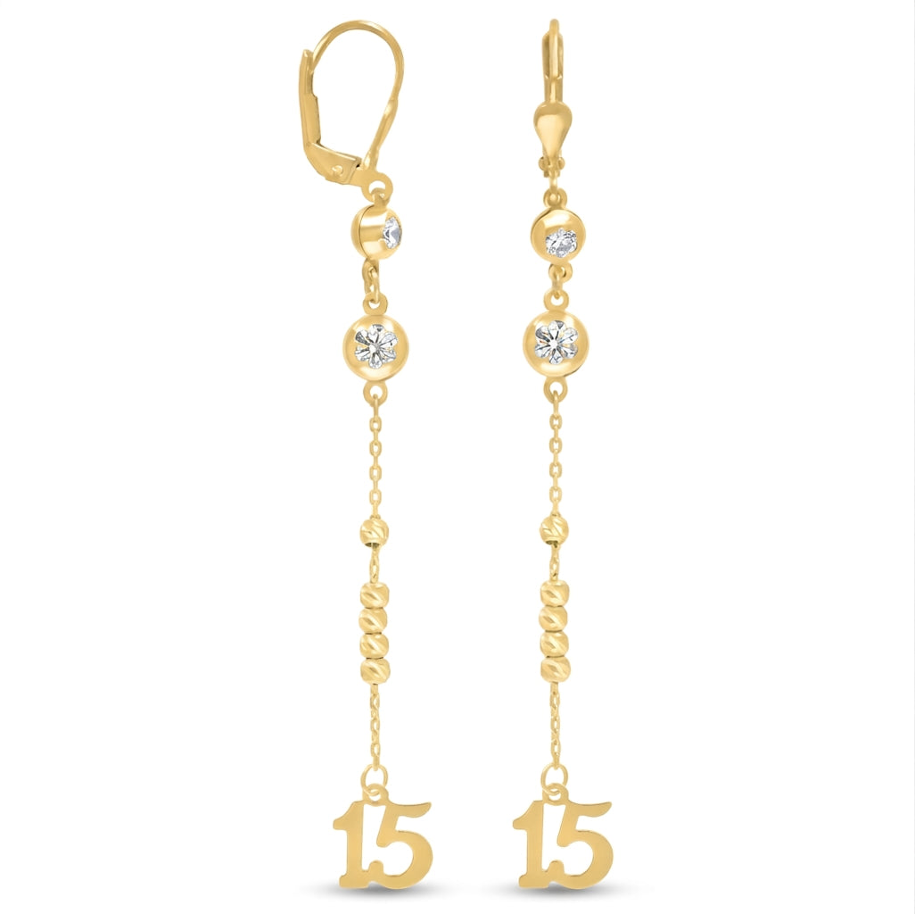 10K gold Quinceañera dangle earrings with white sapphire gemstones for Sweet 15 celebration jewelry