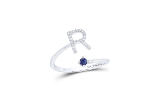 10K Gold R Initial Ring with Blue Sapphire and Diamonds