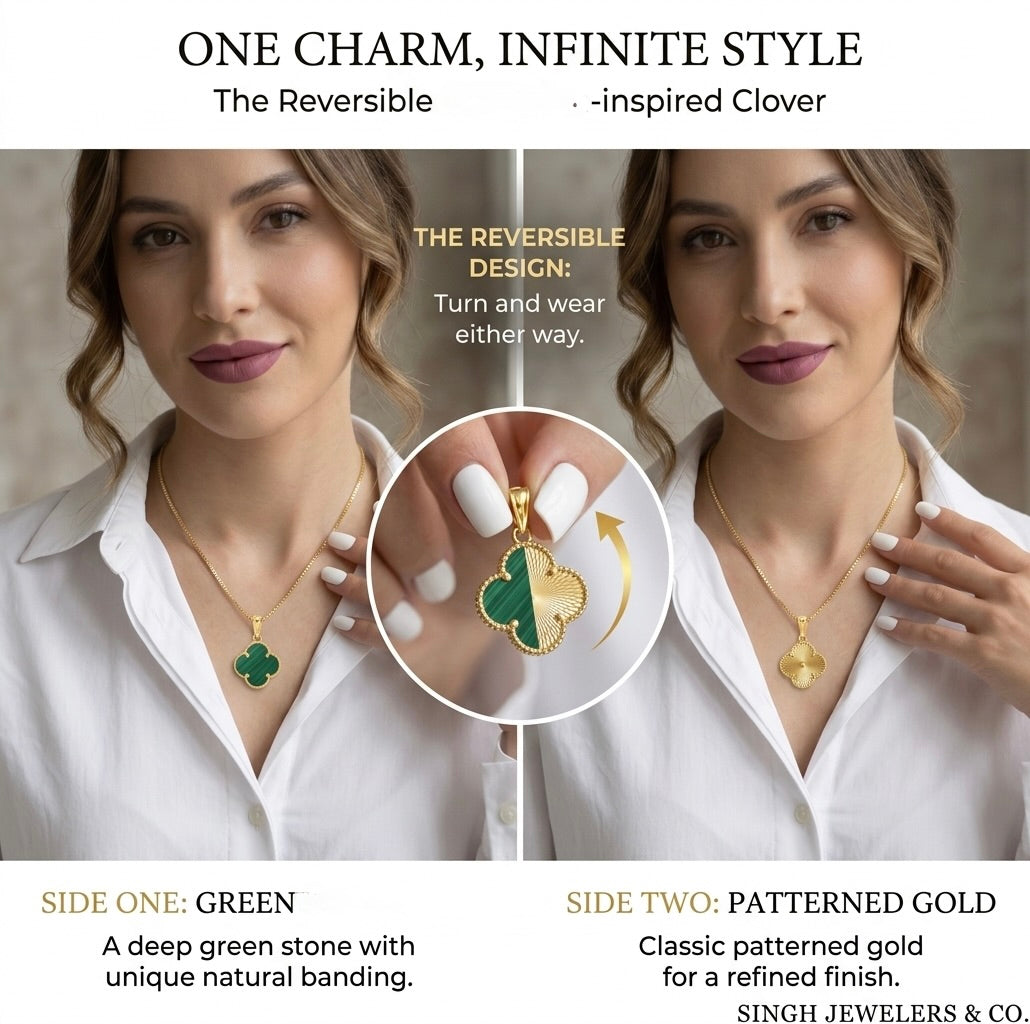 Woman wearing a reversible clover charm necklace with green and gold sides.