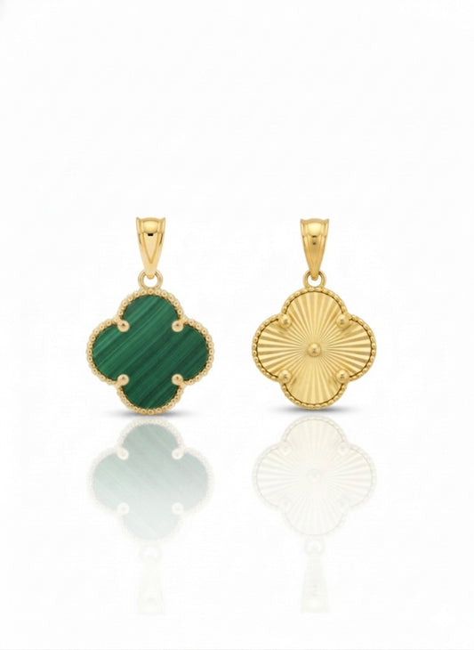 10K gold reversible clover charm pendant featuring green and gold sides