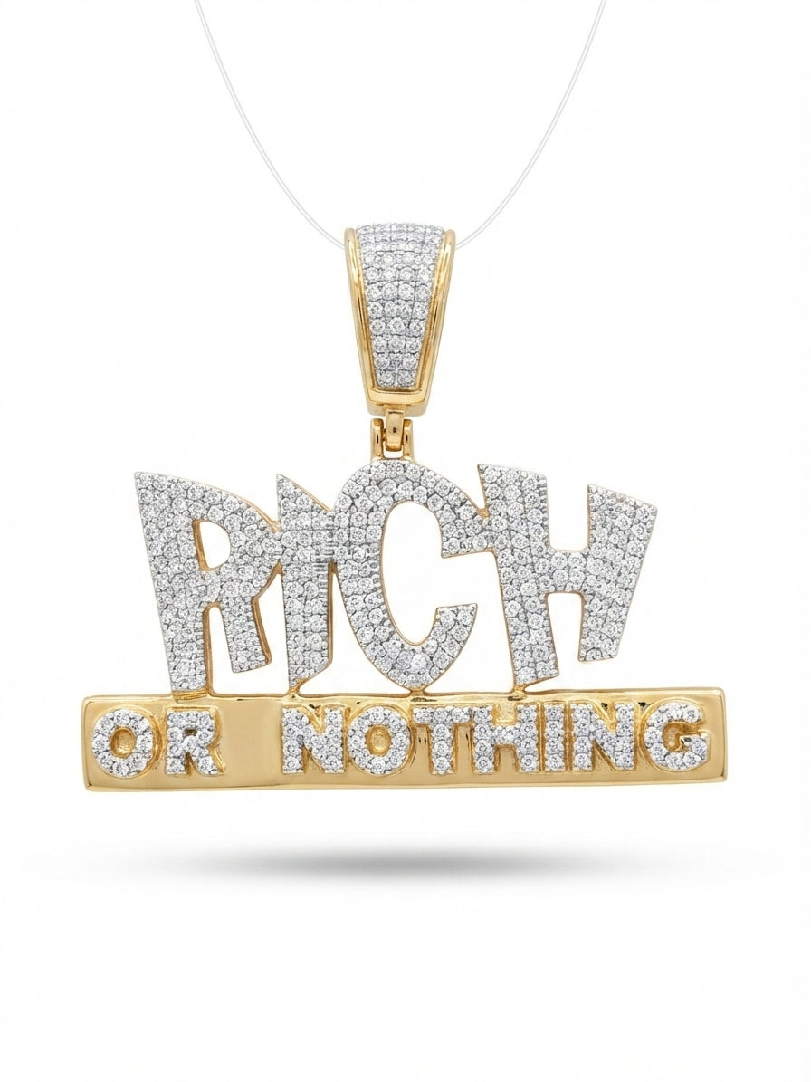 Close up of diamond detail on rich or nothing 10K gold pendant