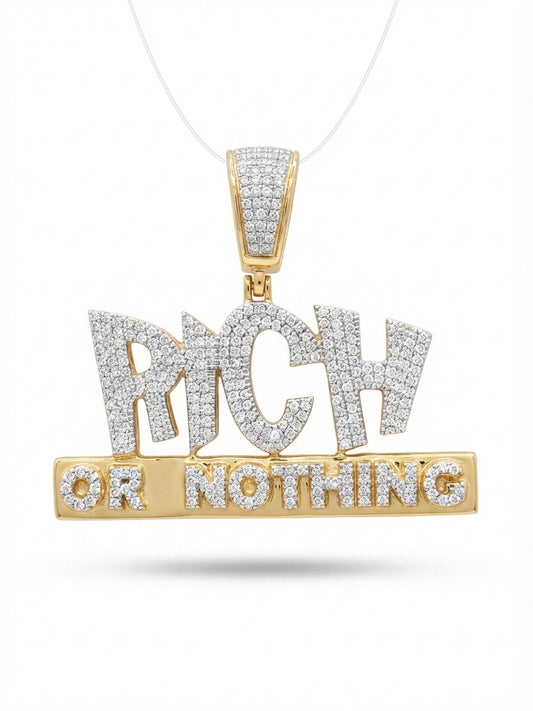 Close up of diamond detail on rich or nothing 10K gold pendant