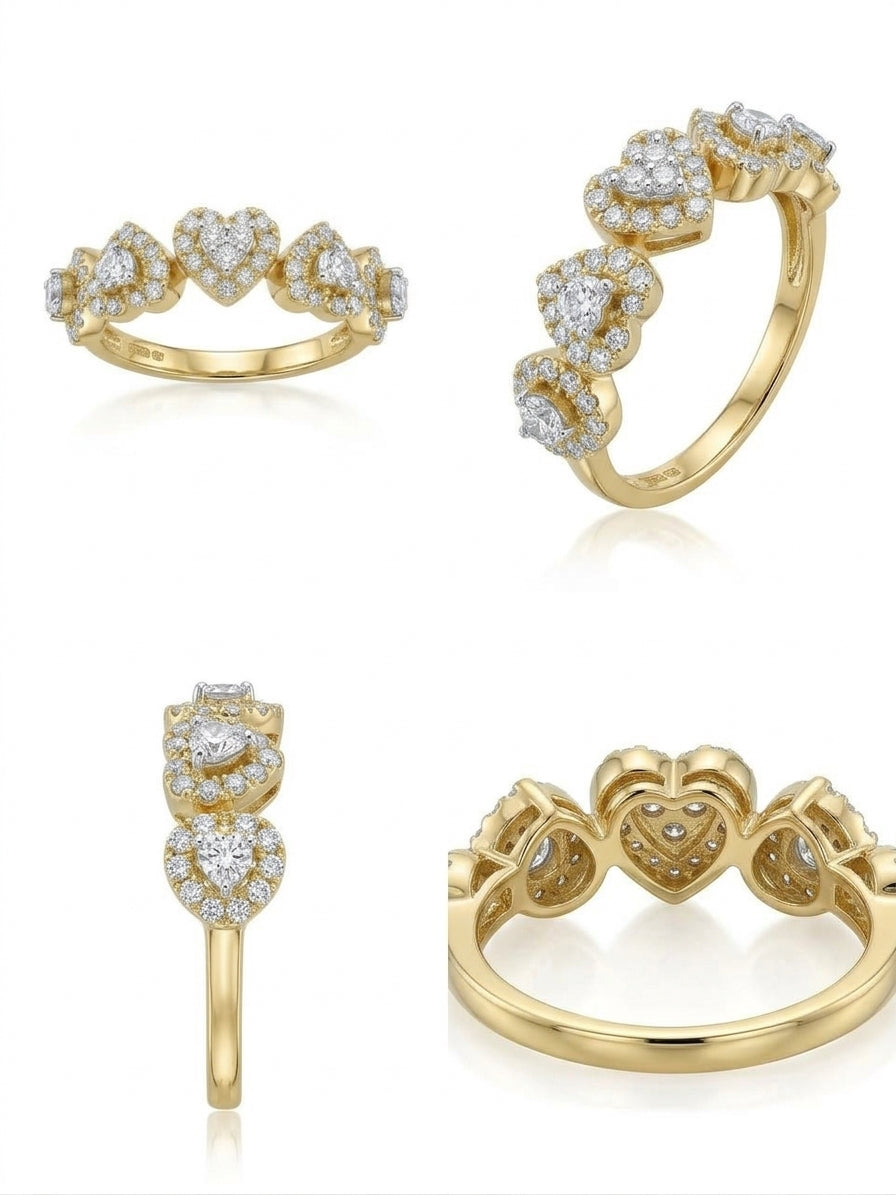 10K gold upside-down and upright hearts diamond ring with 0.62 carats total diamond weight different angles 