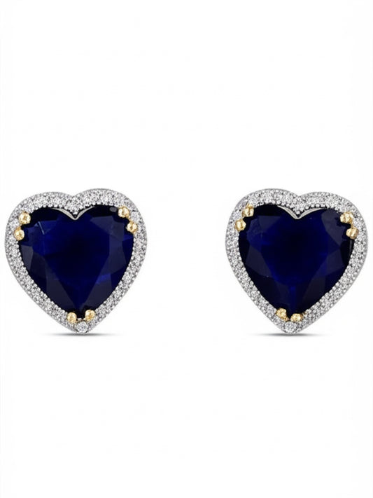 Close-up of blue sapphire and diamond heart earrings in 10K gold