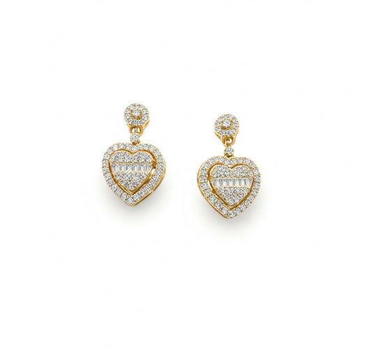 Front view of 10K gold heart-shaped earrings with 1/2 carat baguette diamonds