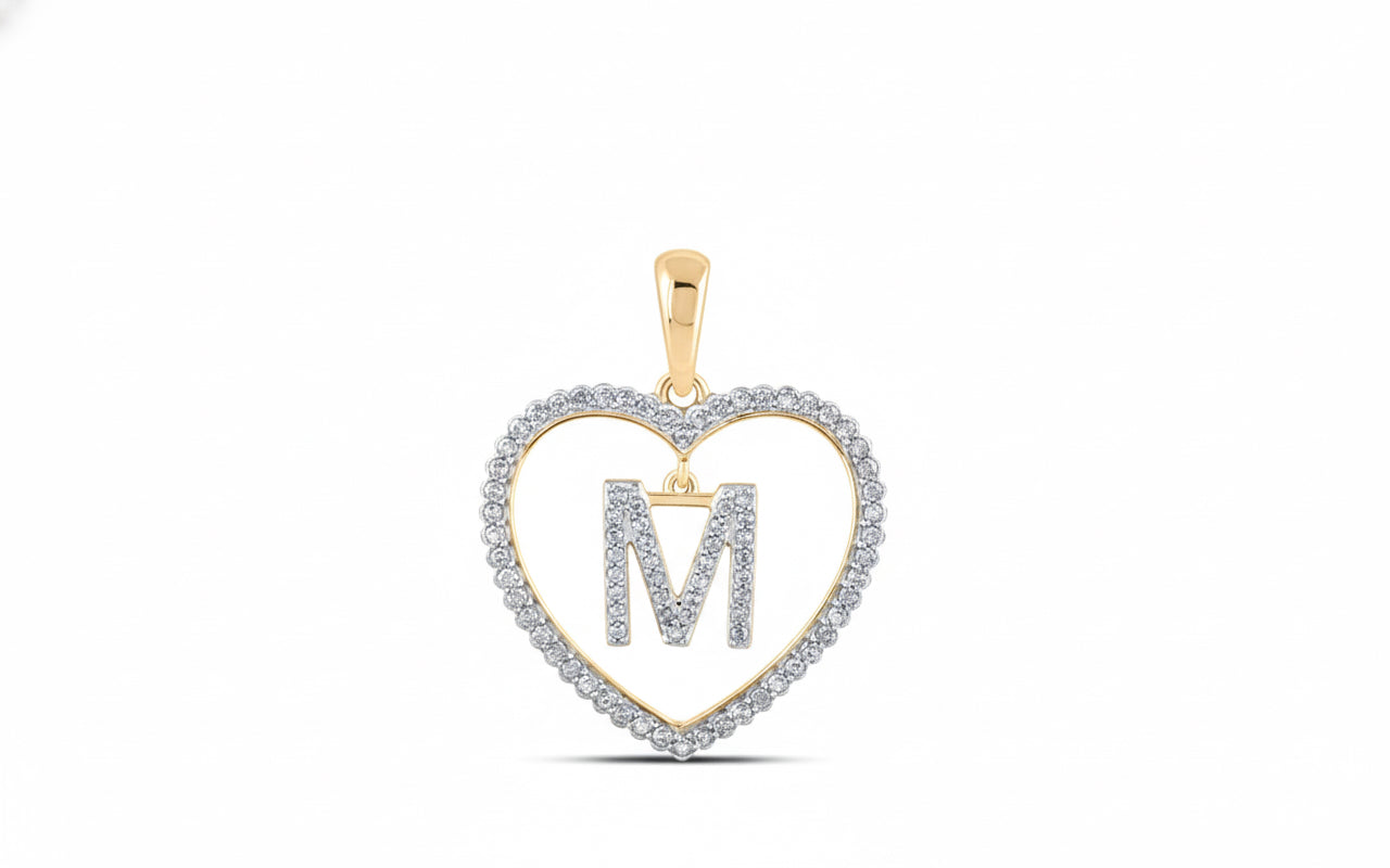 Heart-shaped pendant with letter 'M' on a white background