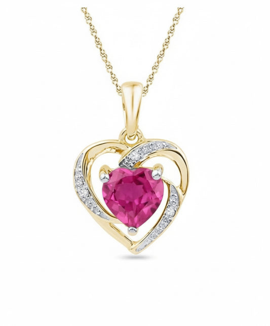 10K yellow gold pink sapphire heart pendant, lab-created