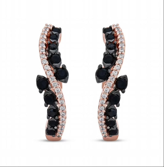 10K rose gold bypass diamond hoop earrings with 1/3 Cttw white and black diamonds