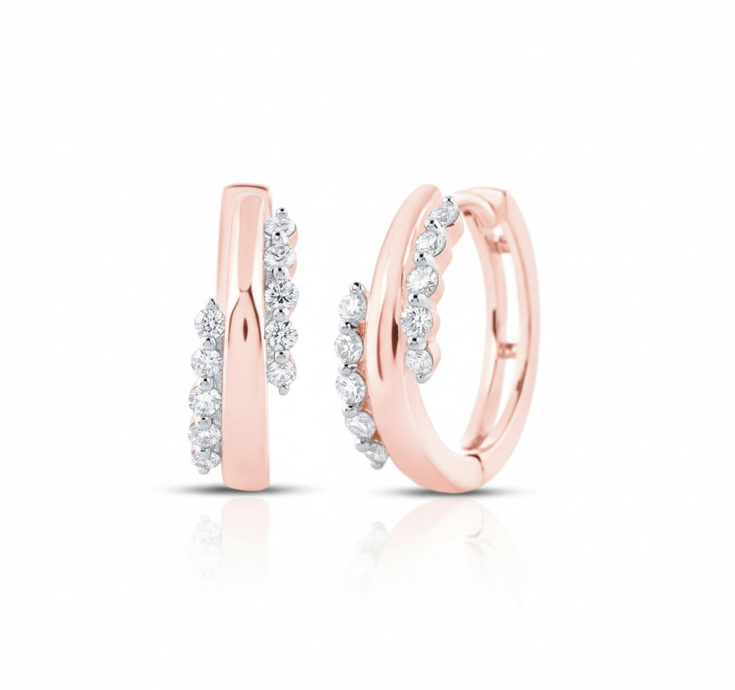 10K rose gold diamond hoop earrings with 1/5 carat total weight of round diamonds