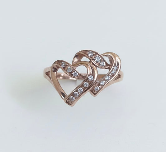 10K rose gold double hearts ring with diamonds, size 7