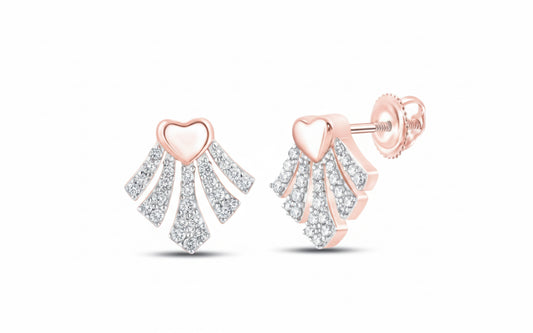 Secure screw back 10K yellow gold heart-shaped diamond earrings, offering a timeless look with sparkling round-cut diamonds.