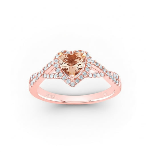Front view of 10K rose gold heart-shaped morganite and diamond ring