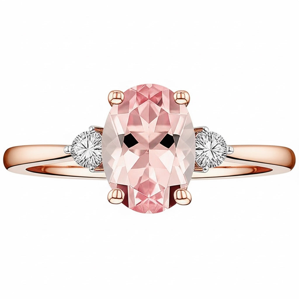 Rose gold ring with a pink gemstone and diamond accents on a white background