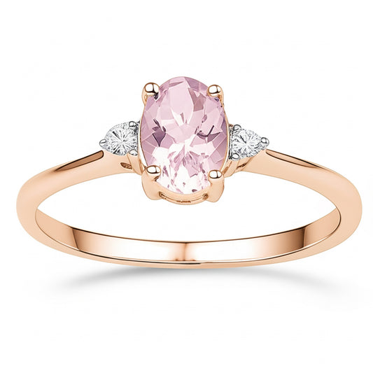 Rose gold ring with a pink gemstone and diamond accents on a white background