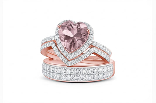 10K rose gold bridal trio ring set with morganite and diamonds